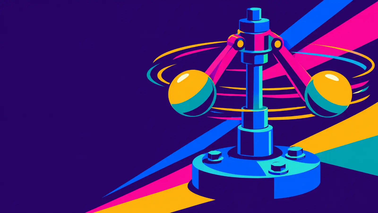 A brass flyball governor spinning on a steel base, for a revenue engine that regulates itself inside set guardrails.