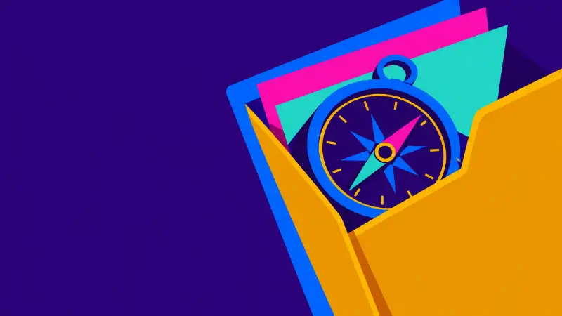 A brass compass tucked between the pages of an open cream folder, for AI embedded in the team's work rather than bolted on.