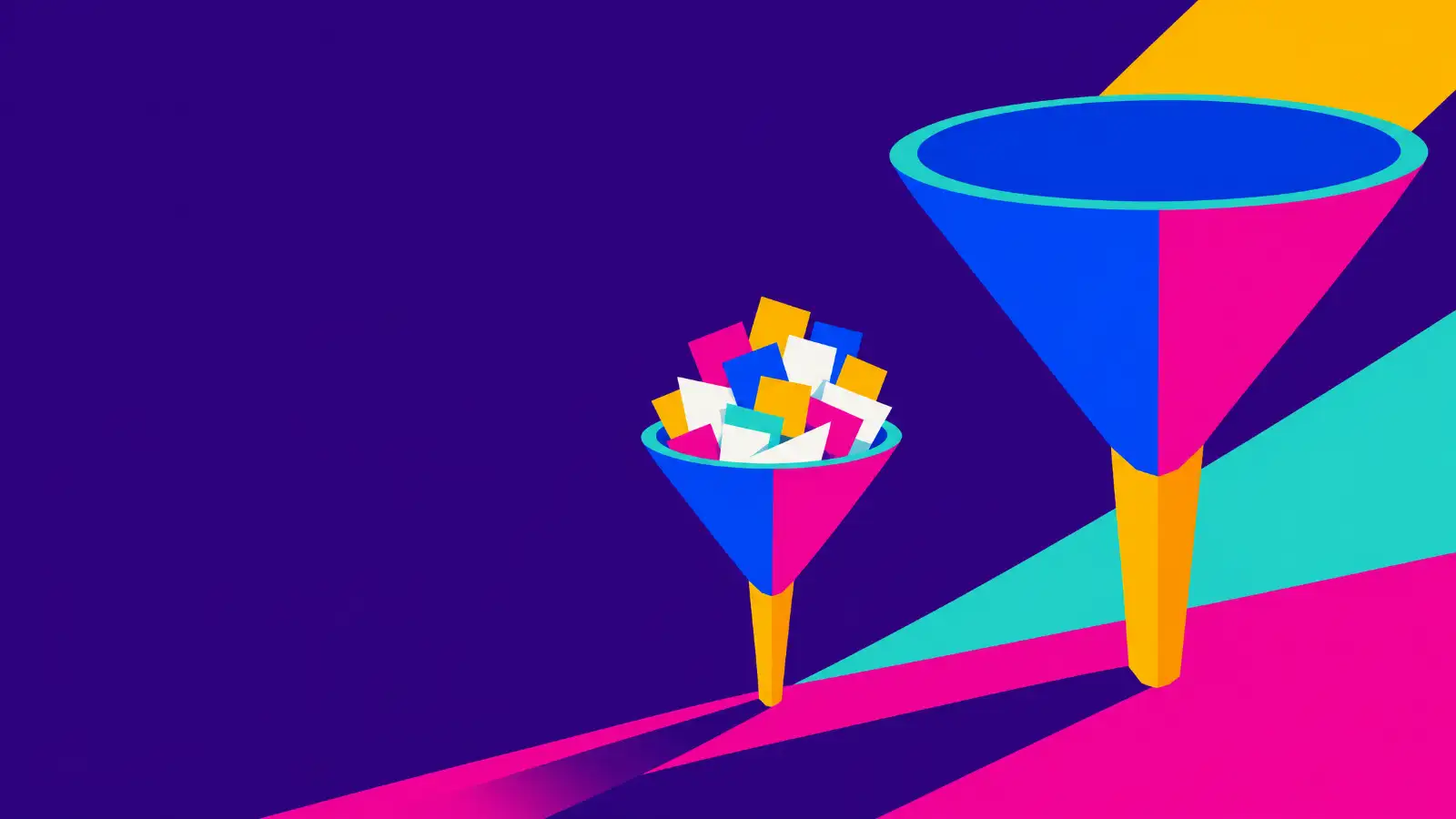 A small glass funnel full of cream paper slips beside a large empty one, for AI referrals that convert better than search volume.