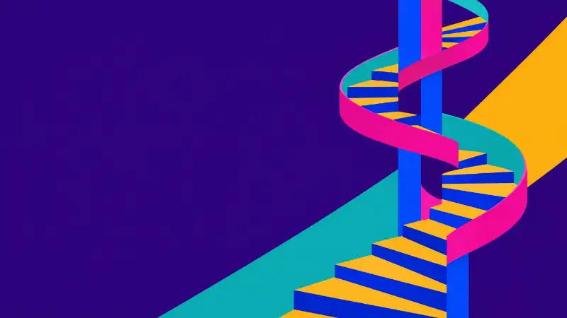 A cream paper spiral staircase winding up a brass post, for marketing that feels slow at first and then compounds over a year.