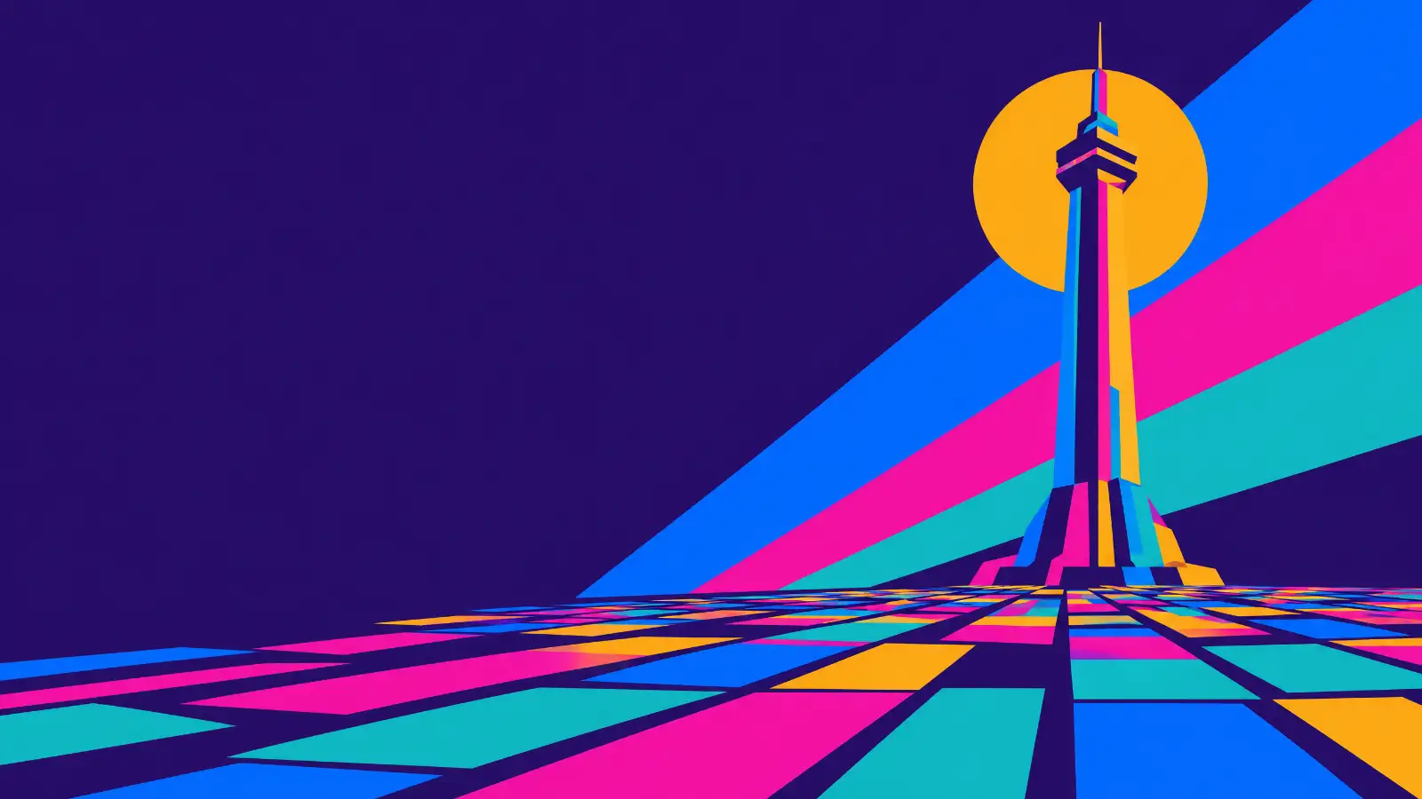 A tall cream tower rising from a wide field of low brass tiles, for the choice between a lighthouse motion and a landgrab.