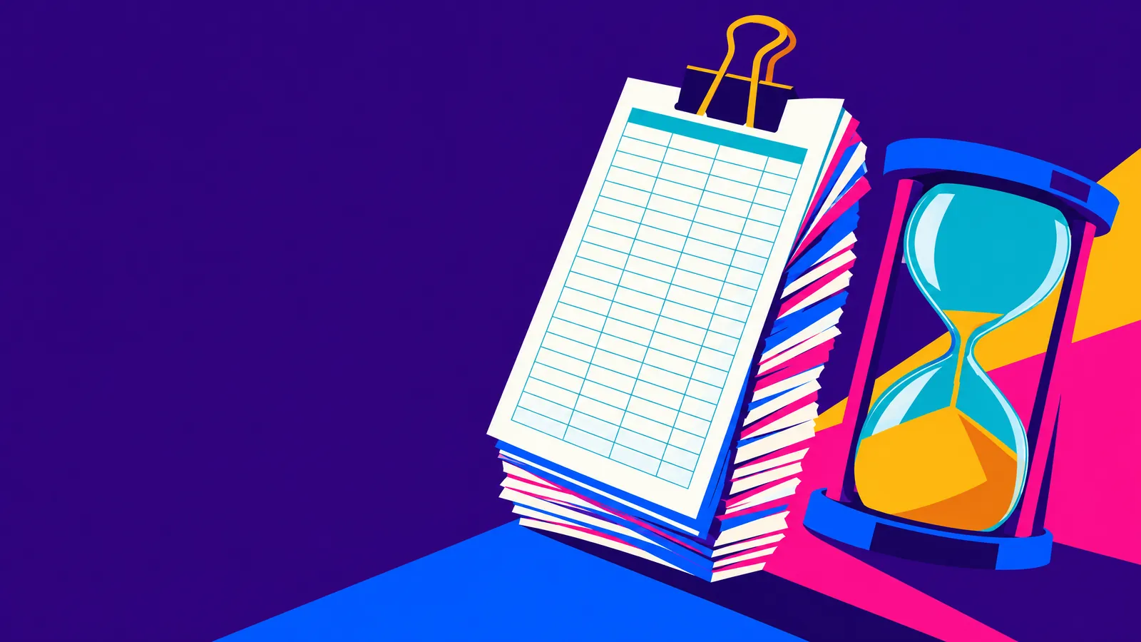 A leaning stack of printed pages held by one bulldog clip beside an hourglass that has nearly run out of sand