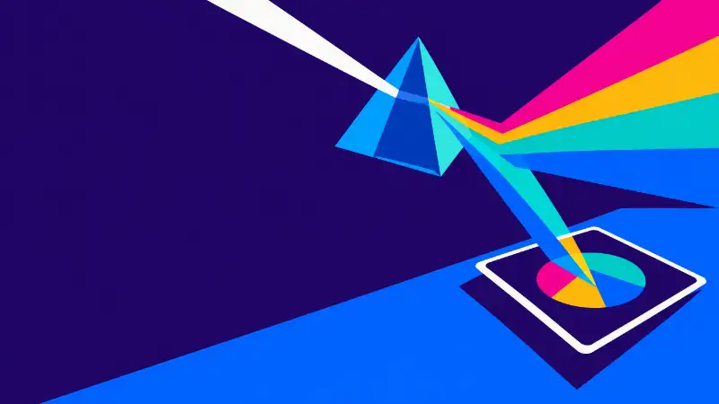 A glass prism splitting a beam of light onto a single cream card, for how generative engines turn sources into one answer.