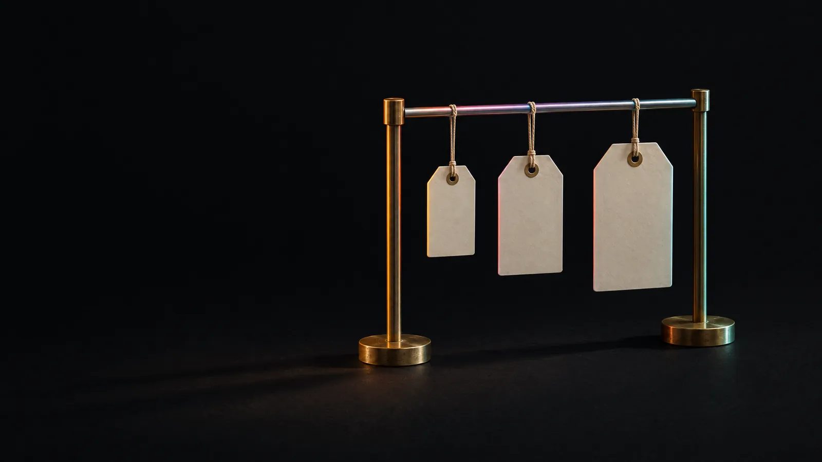 Three cream paper tags of rising size on a steel rail, for the pricing models AI automation agencies use.