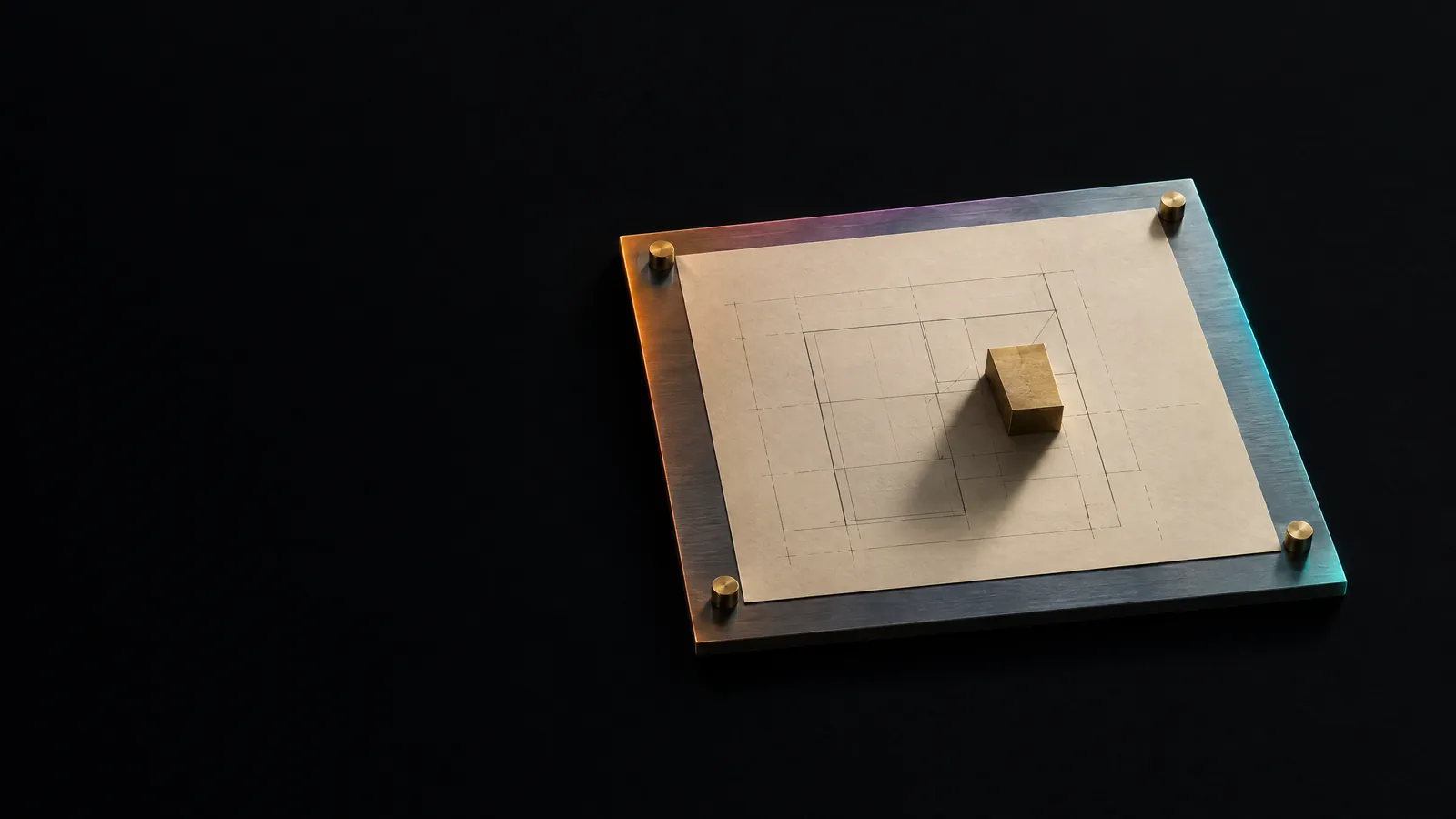 A cream plan pinned to a steel board with one brass block already built, for an implementation partner moving from design to build.