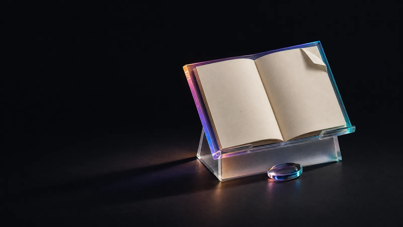An open cream paper manual on a glass reading stand with a lens beside it, a field reference for AI search visibility.