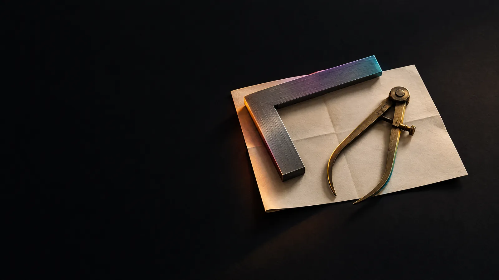 A steel square and brass calipers on a folded cream schematic, for go-to-market work built with engineering precision.
