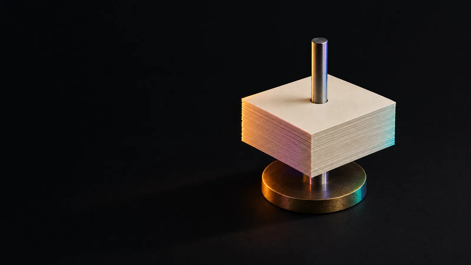 Cream record sheets aligned on one steel spindle, for a CRM that holds every record on a single trusted spine.