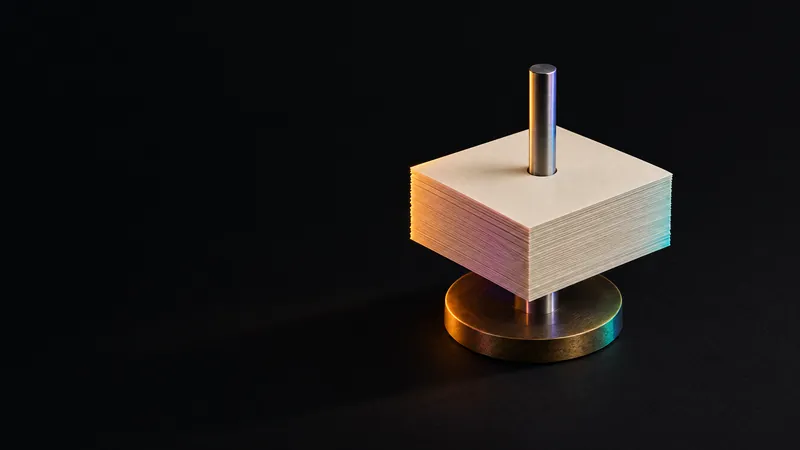 Cream record sheets aligned on one steel spindle, for a CRM that holds every record on a single trusted spine.