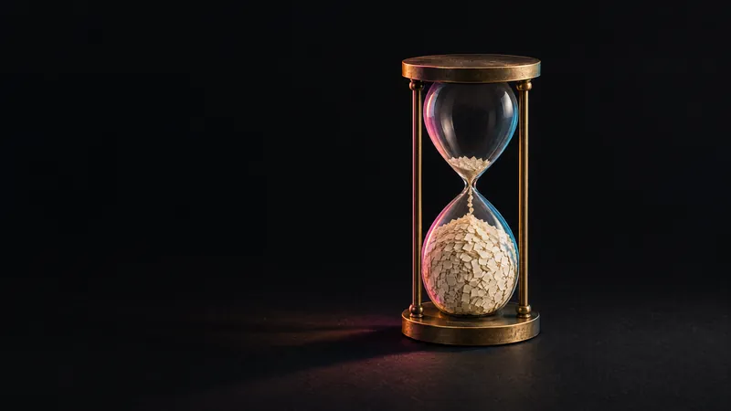 A brass hourglass filled with cream paper confetti, nearly run through, for the weekly hours founders give to growth.