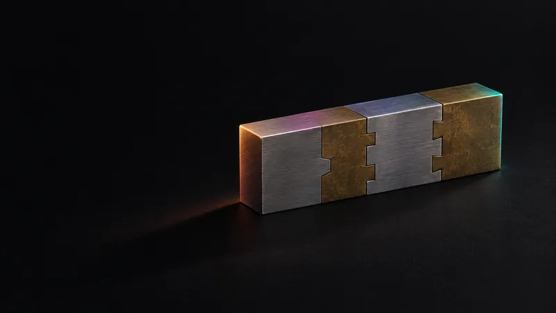 Steel and brass blocks interlocked edge to edge into one bar, for integrations that connect several business systems.