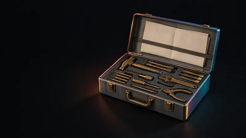 An open steel toolbox with brass tools and a folded cream plan, an operator playbook for revenue automation.