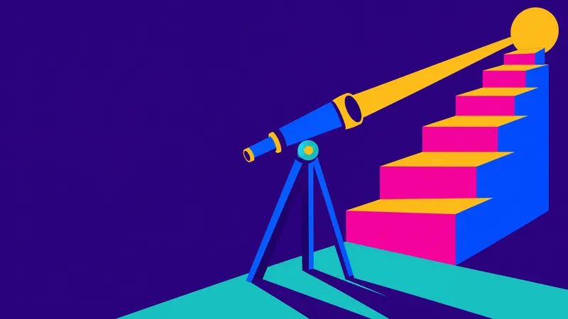 A telescope on a tripod aimed up a rising staircase of blocks, for a handbook on forecasts that hold up at the board.
