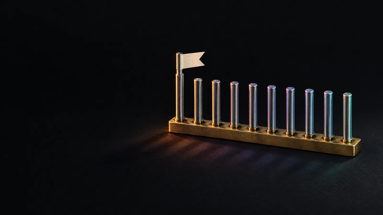 Ten steel pegs on a brass rail with a paper flag on the first, for ranking which AI automation to build first.