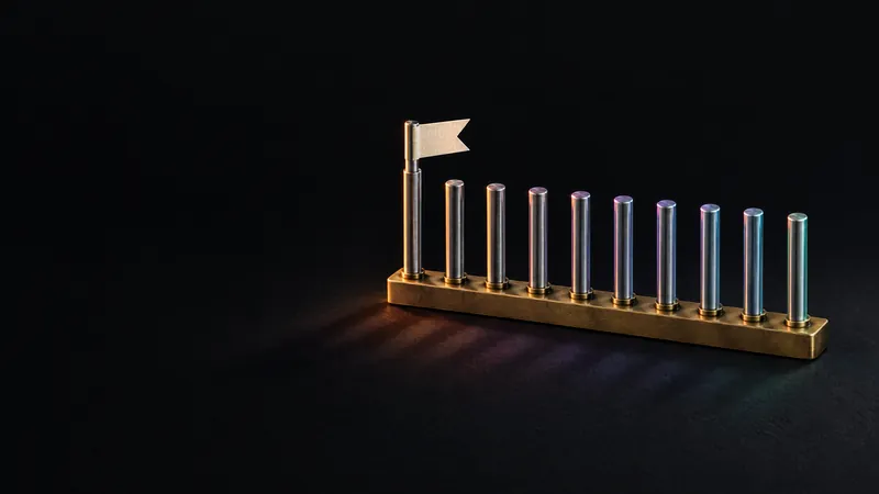 Ten steel pegs on a brass rail with a paper flag on the first, for ranking which AI automation to build first.