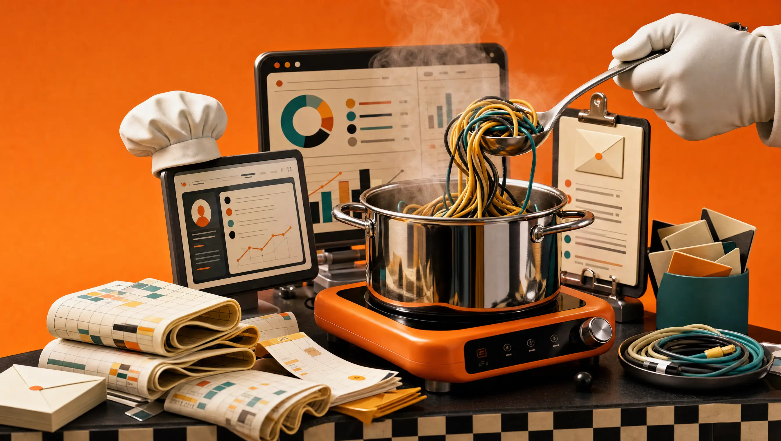 Software spaghetti being cooked in a pot