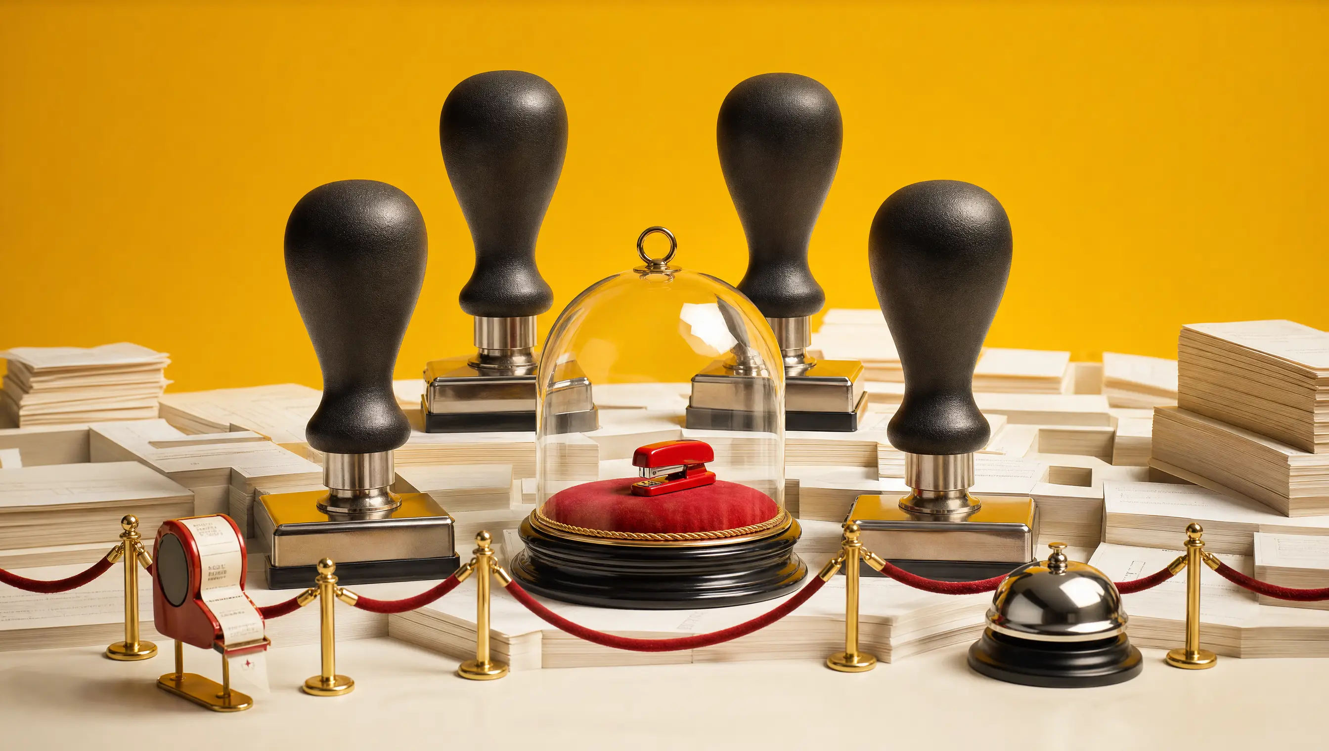A stapler surrounded by enormous approval stamps